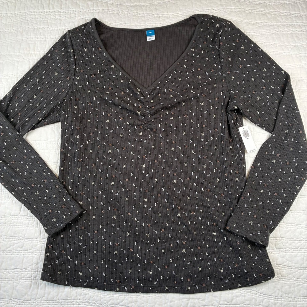 NEW Old Navy Floral Ribbed Slub Knit Cinched Front V-Neck Top XXL Cottage Capsul